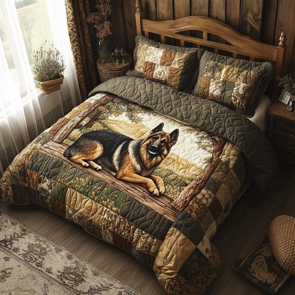 The Regal Shepherd quilted 3-piece bedding set on a made bed with two matching pillow shams
