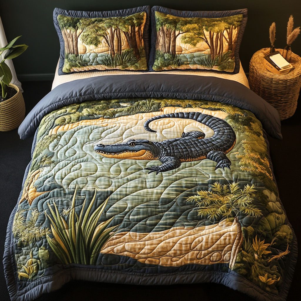 The Reptile Realm quilted 3-piece bedding set on a made bed with two matching pillow shams
