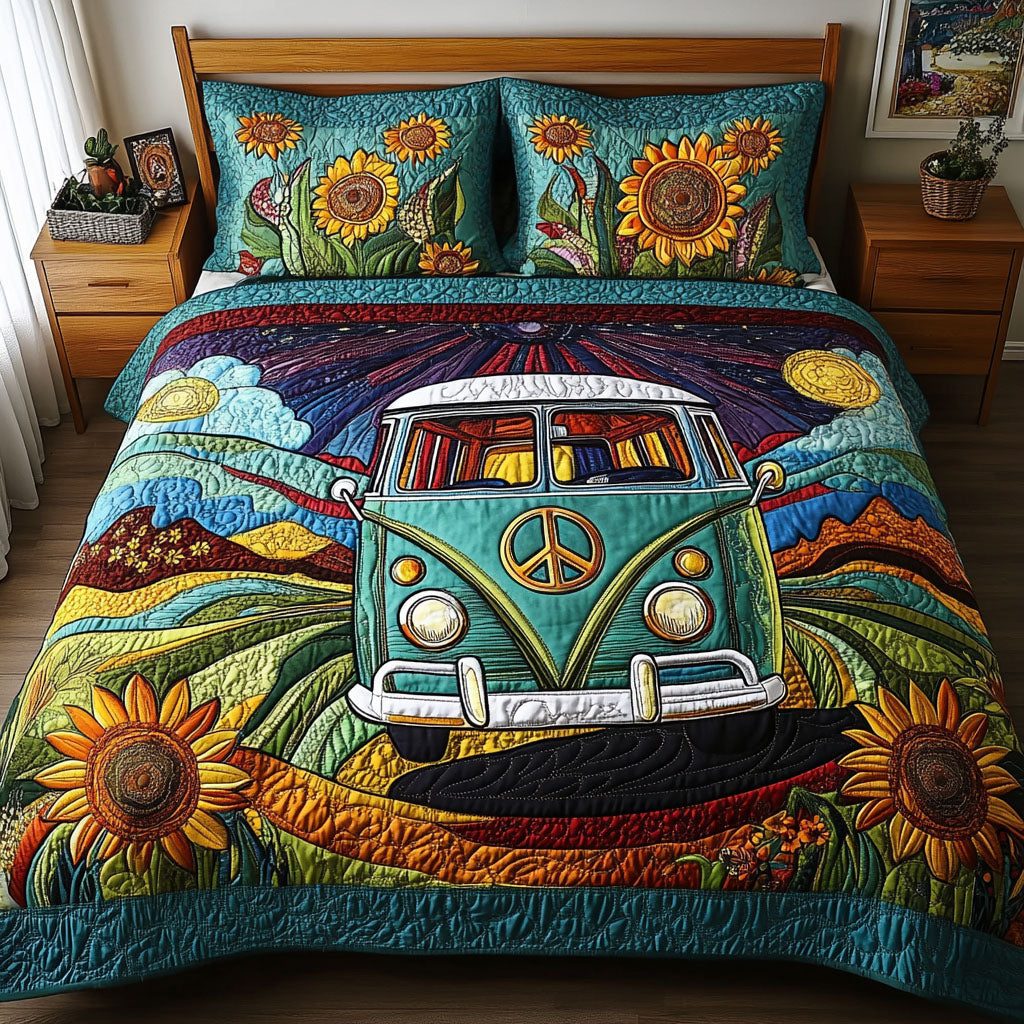 The Roadtrip Icon quilted 3-piece bedding set on a made bed with two matching pillow shams