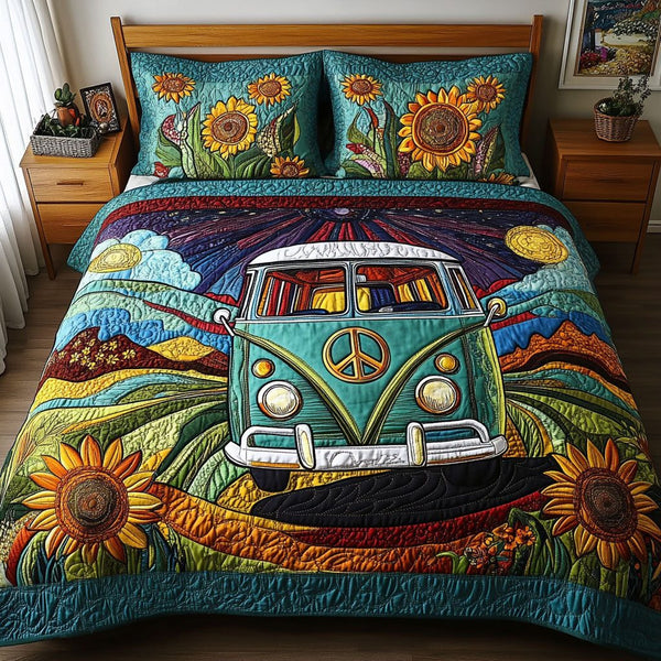The Roadtrip Icon quilted 3-piece bedding set on a made bed with two matching pillow shams