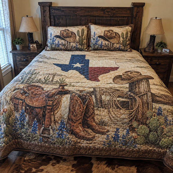 The Rustic Rodeo quilted 3-piece bedding set on a made bed in a rustic timber bedroom