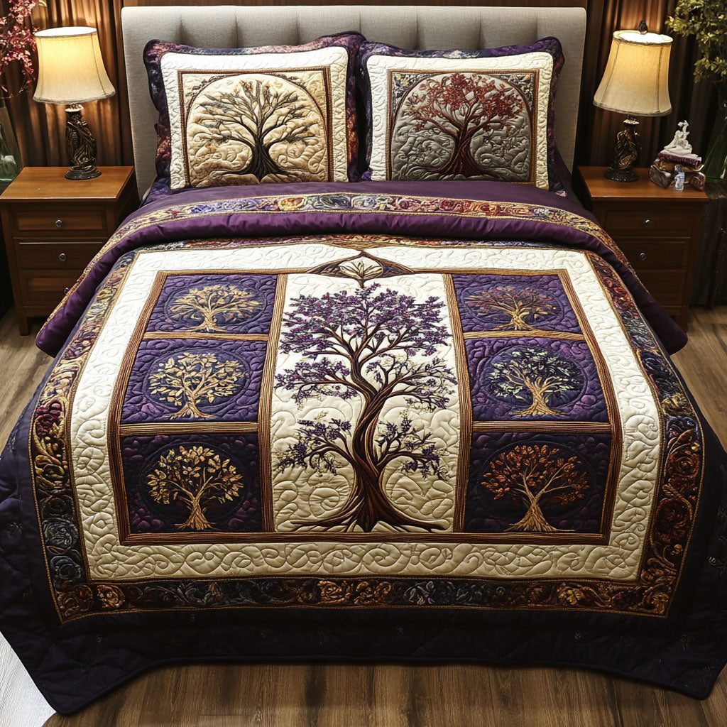 The Sacred Grove quilted 3-piece bedding set on a made bed in a softly lit bedroom
