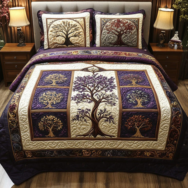 The Sacred Grove quilted 3-piece bedding set on a made bed in a softly lit bedroom