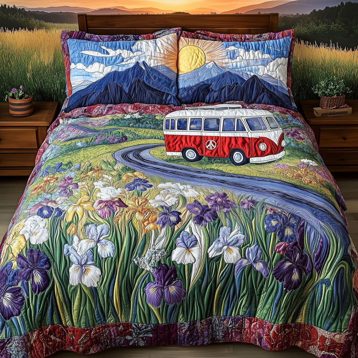 The Scenic Peace Drive quilted 3-piece bedding set on a made bed with two matching pillow shams