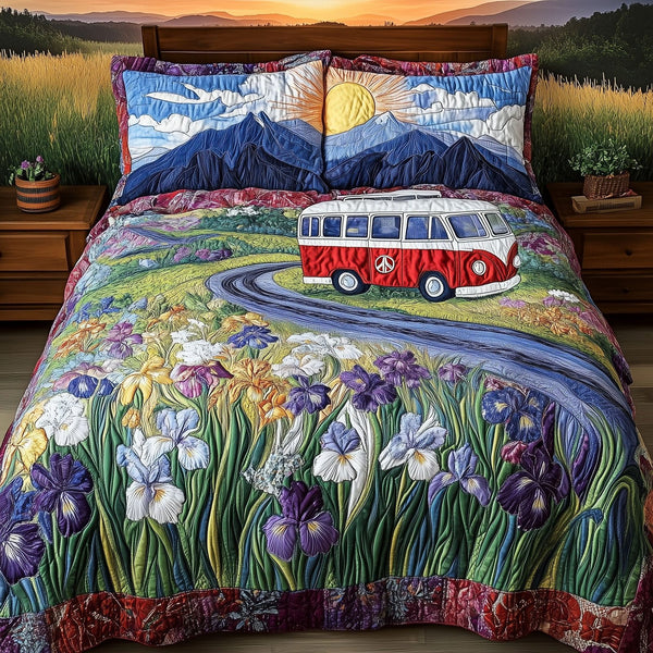 The Scenic Peace Drive quilted 3-piece bedding set on a made bed with two matching pillow shams