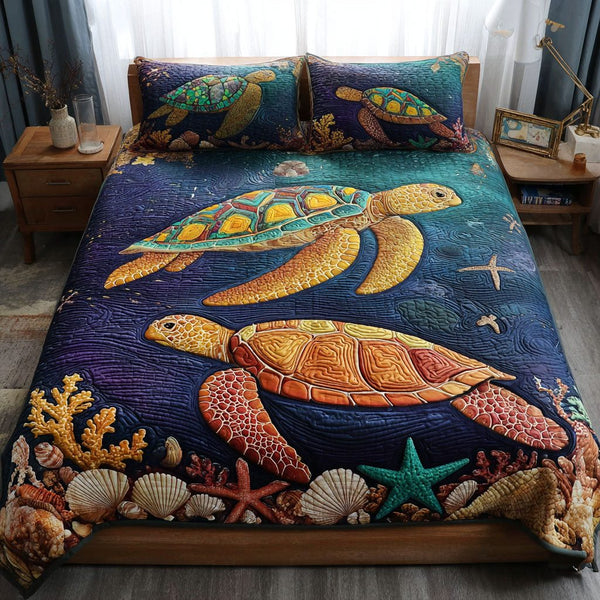 The Shelly Shore quilted 3-piece bedding set on a made bed in a light coastal bedroom