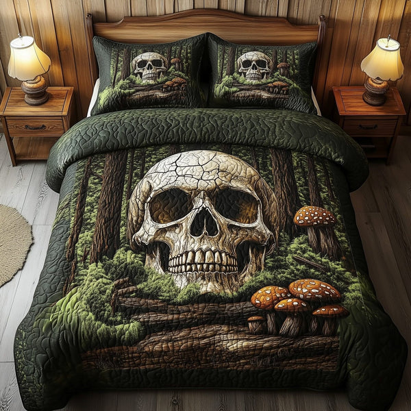 The Skull of Time quilted 3-piece bedding set on a made bed against a dark styled interior