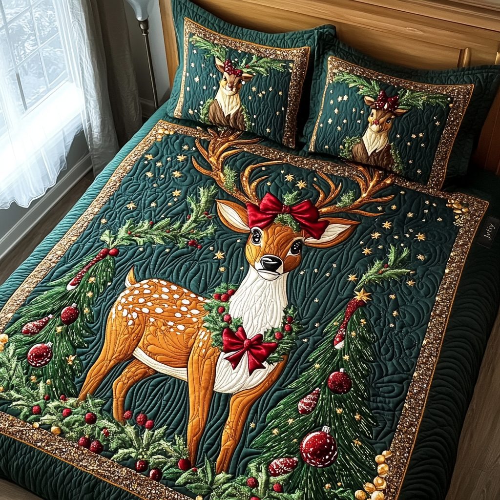 The Spirit of Noel quilted 3-piece bedding set on a made bed in a winter-styled bedroom