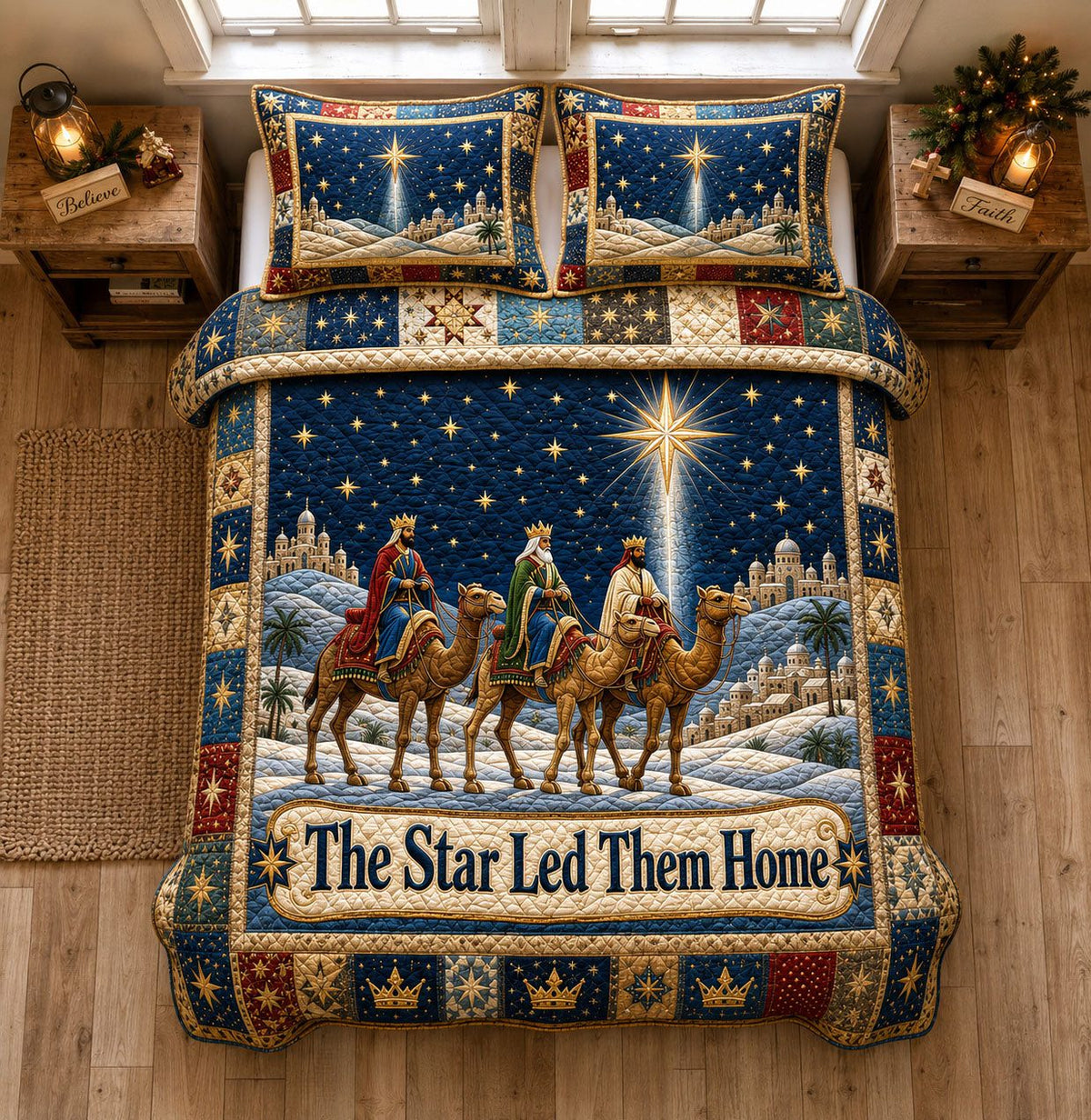 The Star Led Them Home quilted 3-piece bedding set on a made bed with two matching pillow shams