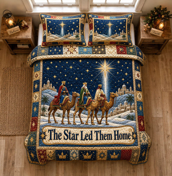 The Star Led Them Home quilted 3-piece bedding set on a made bed with two matching pillow shams
