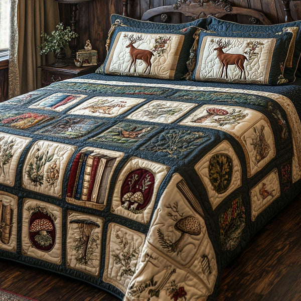 The Storybook Lodge quilted 3-piece bedding set on a made bed with two matching pillow shams