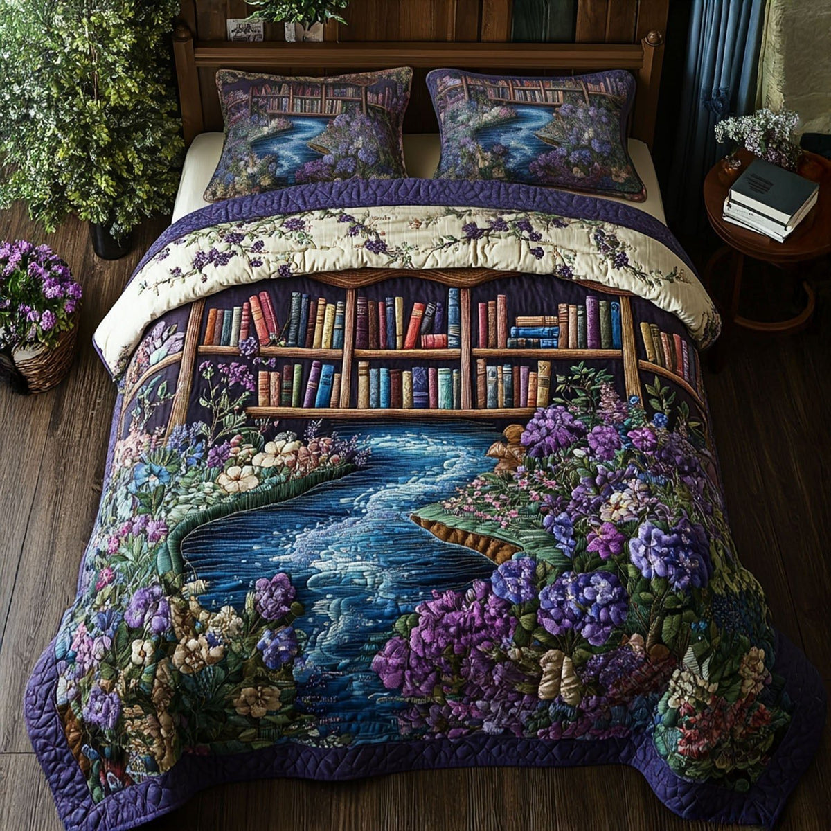 The Storybook Sanctuary quilted 3-piece bedding set on a made bed with two matching pillow shams