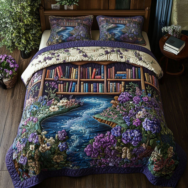 The Storybook Sanctuary quilted 3-piece bedding set on a made bed with two matching pillow shams