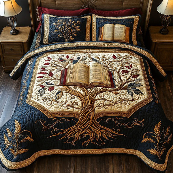The Storytellers Canopy quilted 3-piece bedding set on a made bed with two matching pillow shams