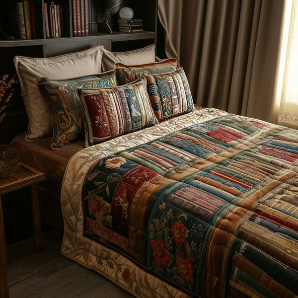 The Storytellers Retreat quilted 3-piece bedding set on a made bed with two matching pillow shams