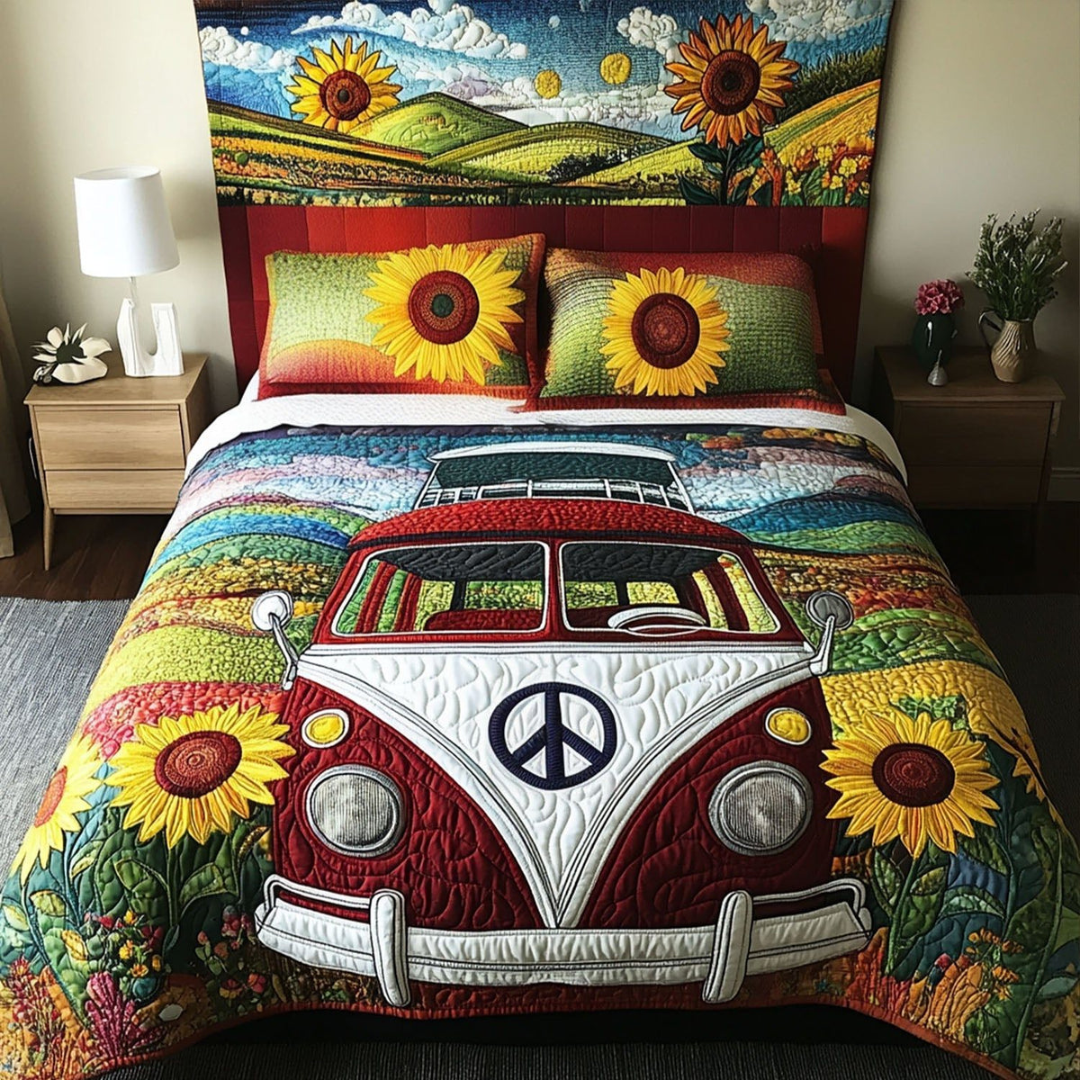 The Sun Chaser quilted 3-piece bedding set on a made bed with two matching pillow shams