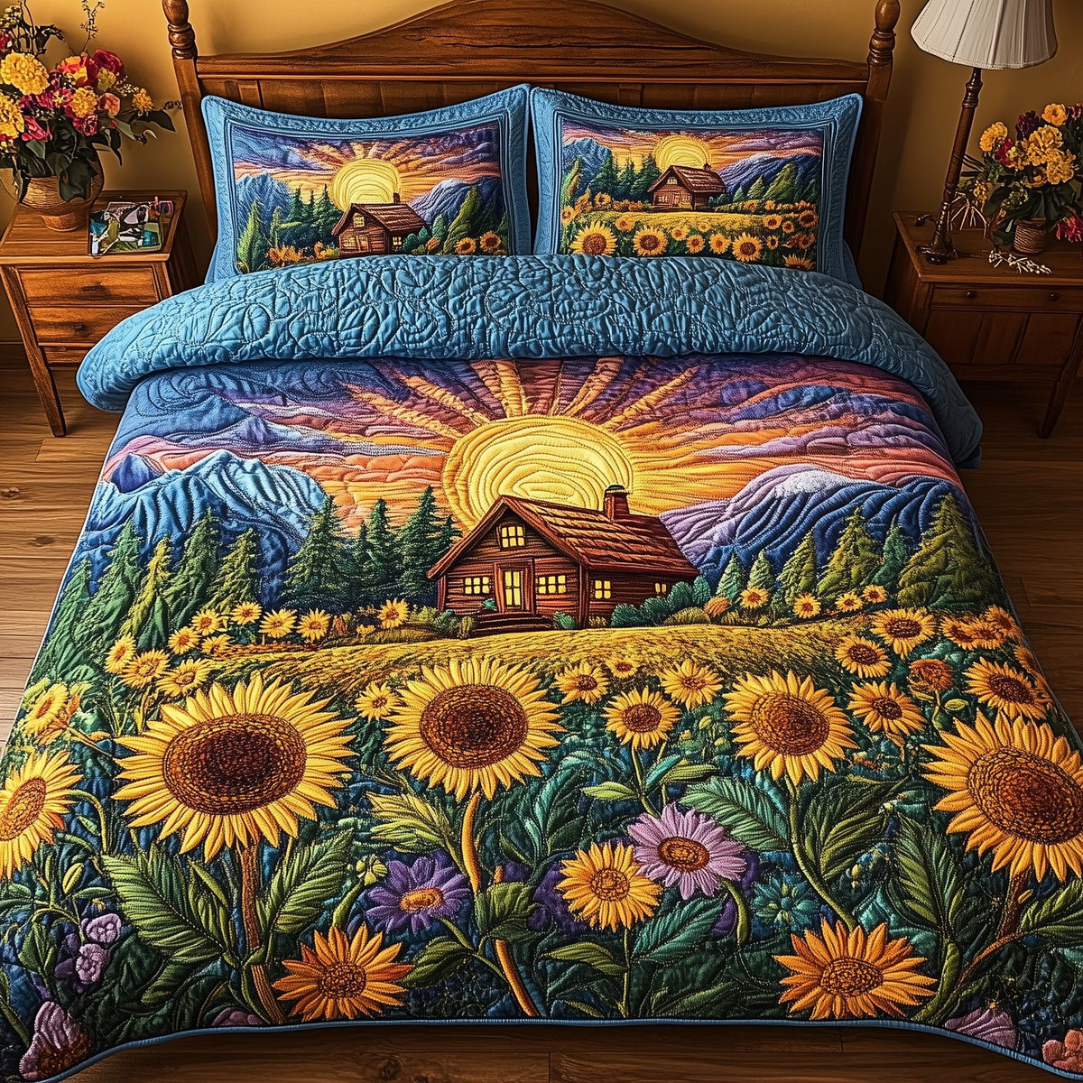 The Sunny Cabin quilted 3-piece bedding set on a made bed with two matching pillow shams