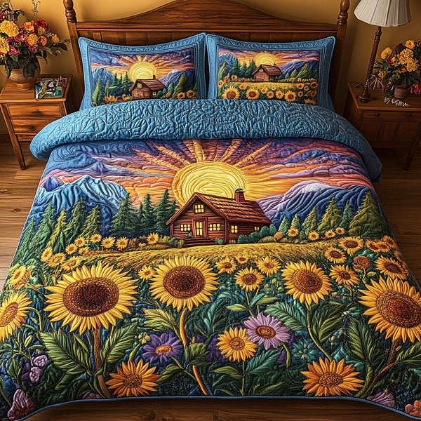The Sunny Cabin quilted 3-piece bedding set on a made bed with two matching pillow shams