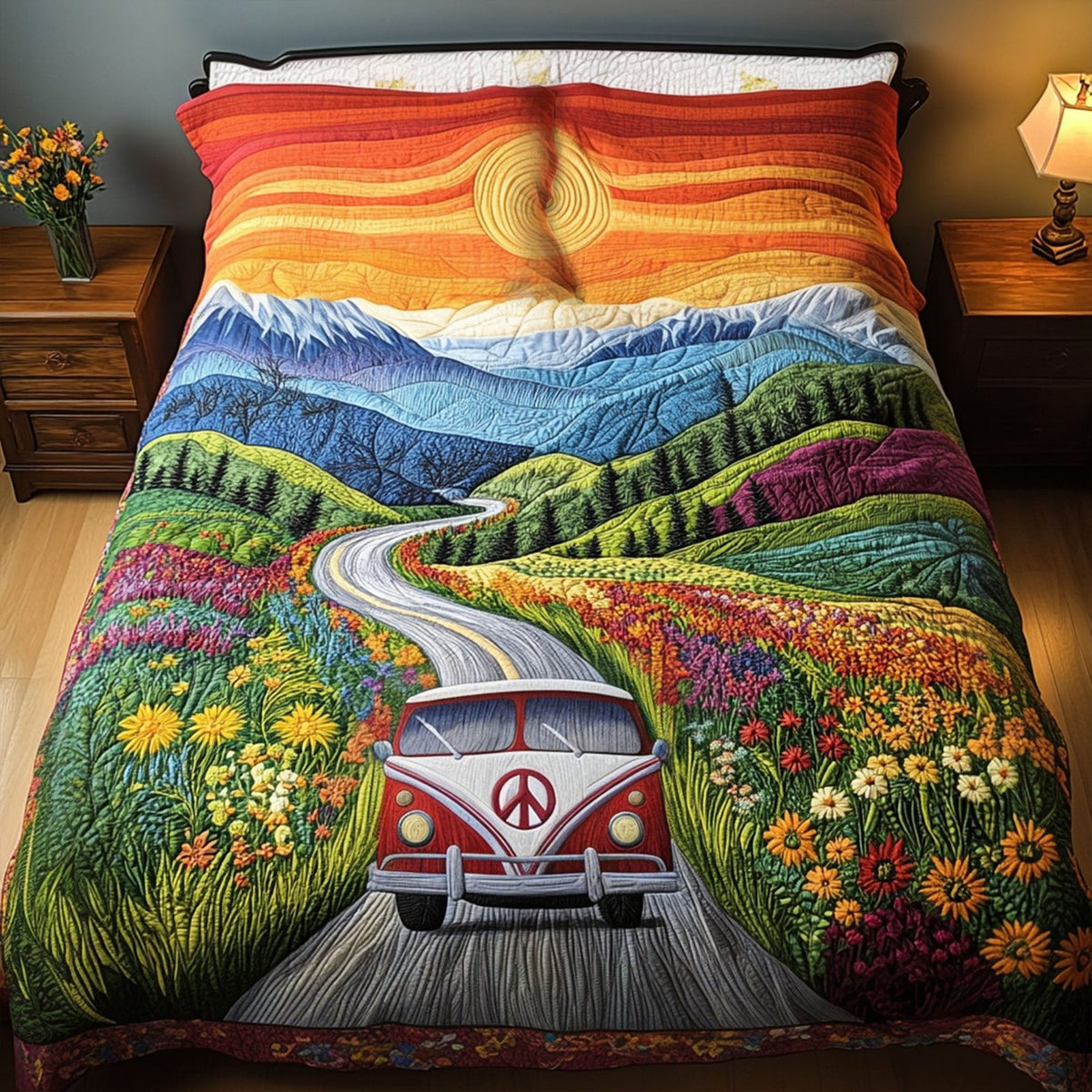 The Sunset Ride quilted 3-piece bedding set on a made bed with two matching pillow shams