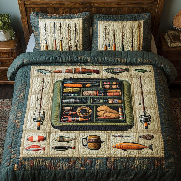 The Tackle Box quilted 3-piece bedding set on a made bed with two matching pillow shams