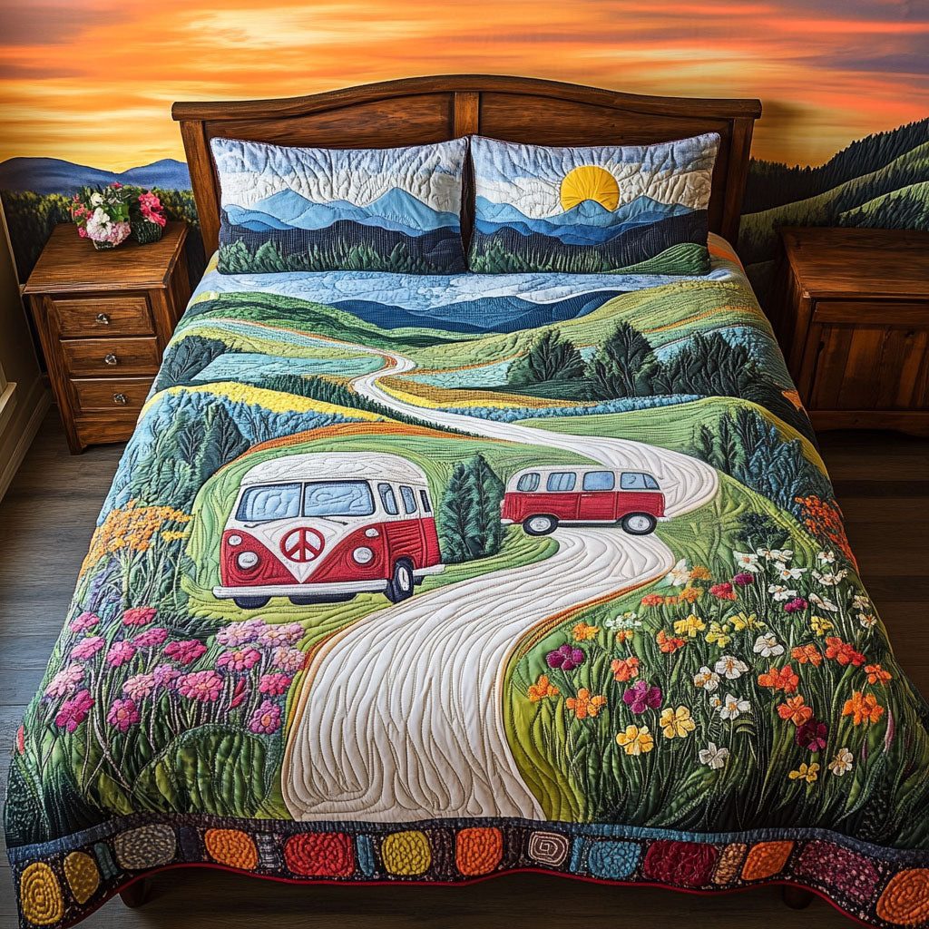 The Tennessee Van Adventure quilted 3-piece bedding set on a made bed in a winter-styled bedroom