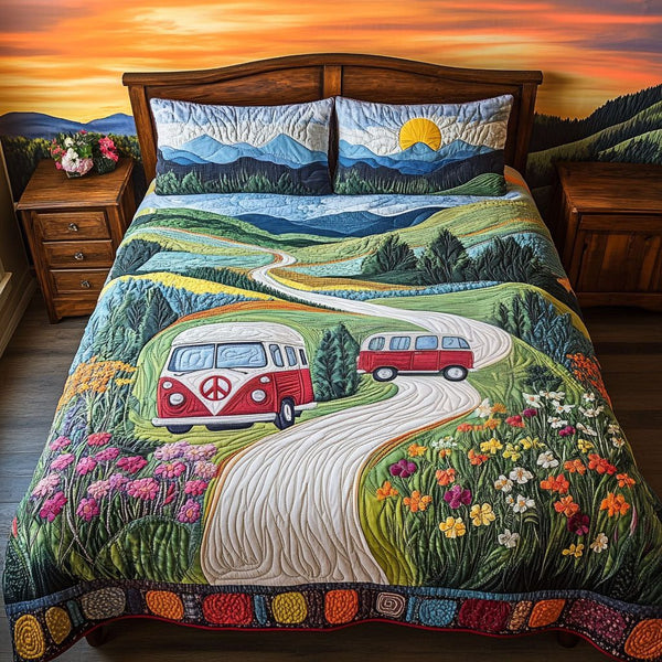 The Tennessee Van Adventure quilted 3-piece bedding set on a made bed in a winter-styled bedroom