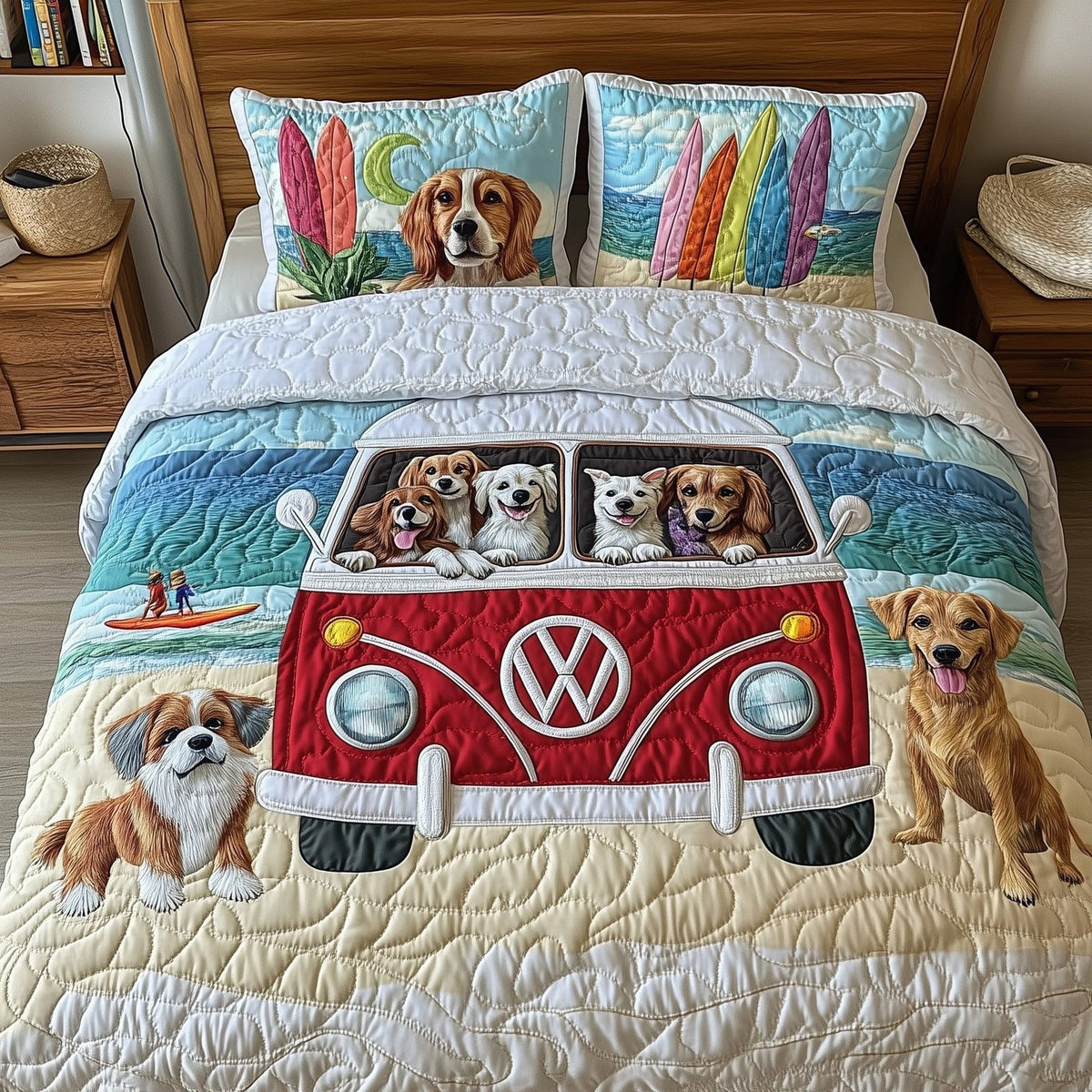 The Ultimate Dog Vacation quilted 3-piece bedding set on a made bed with two matching pillow shams