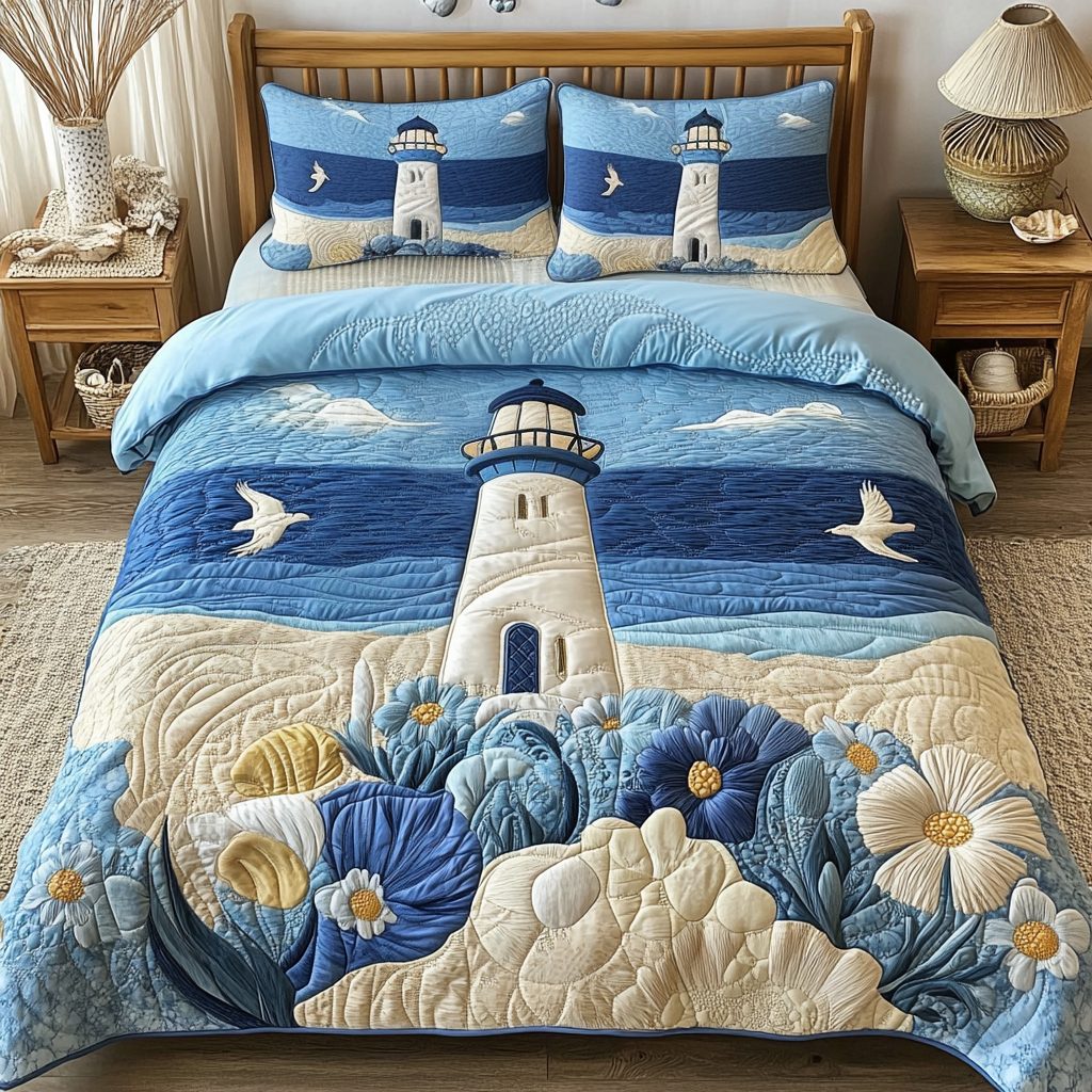 The Watchtower quilted 3-piece bedding set on a made bed with two matching pillow shams