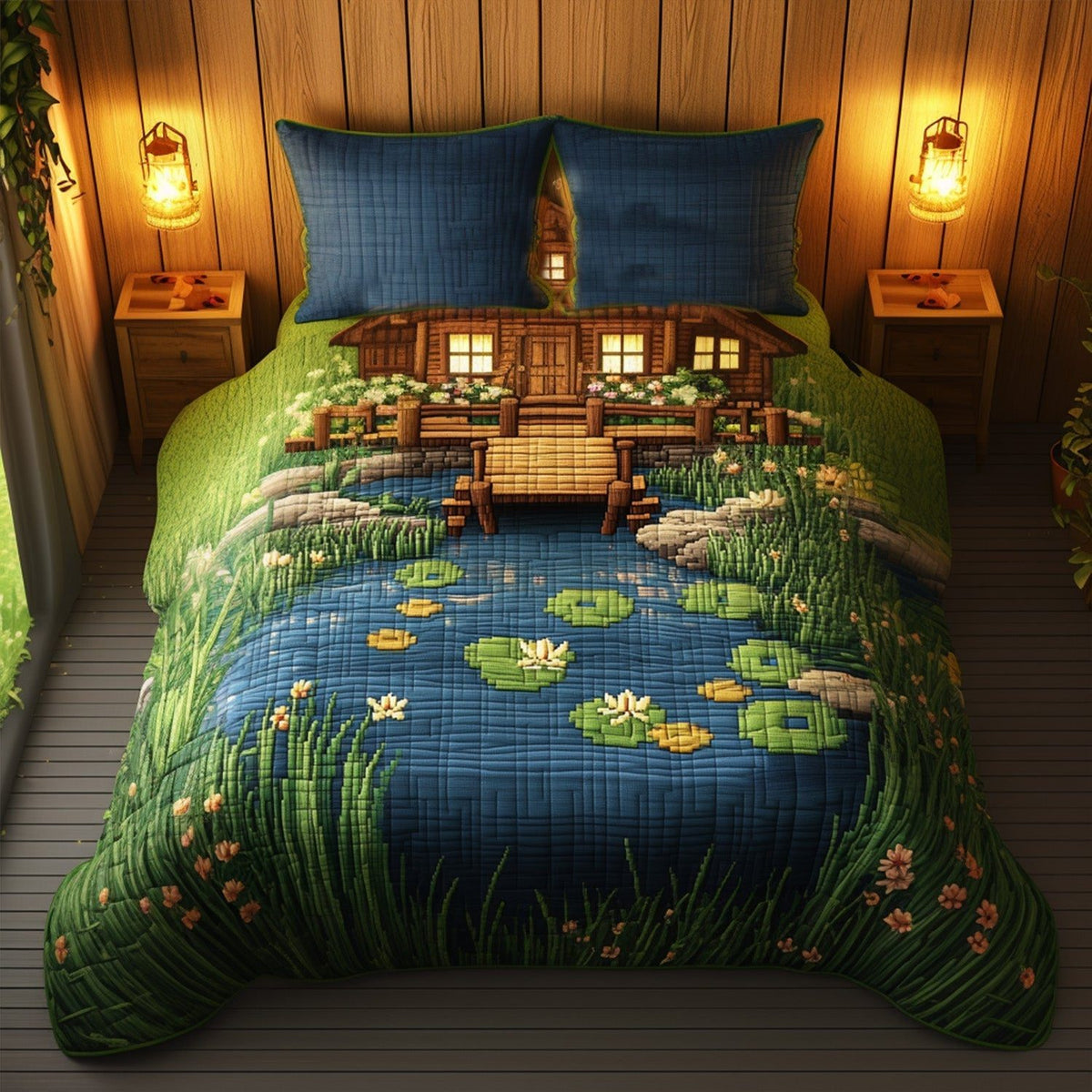 The Wharf Shack quilted 3-piece bedding set on a made bed with two matching pillow shams