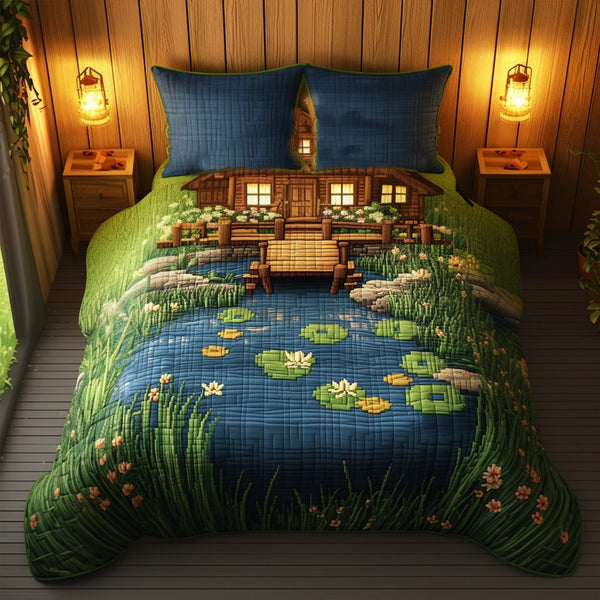 The Wharf Shack quilted 3-piece bedding set on a made bed with two matching pillow shams