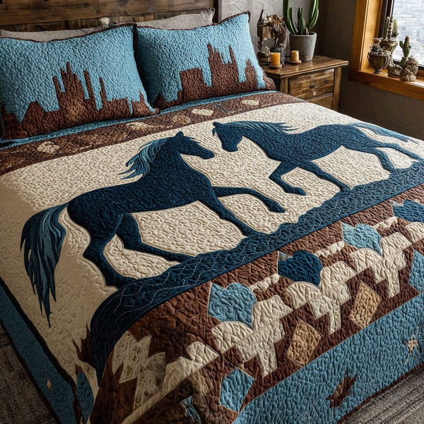 The Wild Is Ours quilted 3-piece bedding set on a made bed with two matching pillow shams