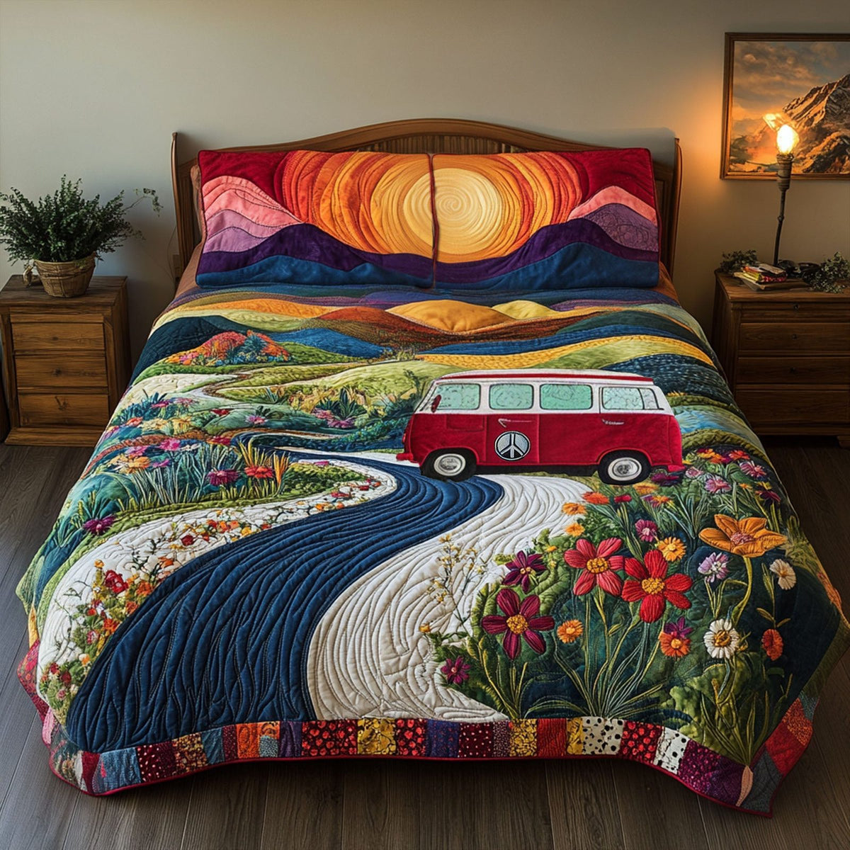 The Wildflower Route quilted 3-piece bedding set on a made bed with two matching pillow shams