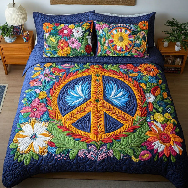 The Woodstock Bliss quilted 3-piece bedding set on a made bed with two matching pillow shams