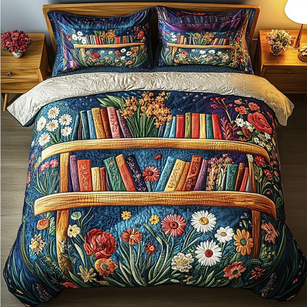 The Written World quilted 3-piece bedding set on a made bed with two matching pillow shams