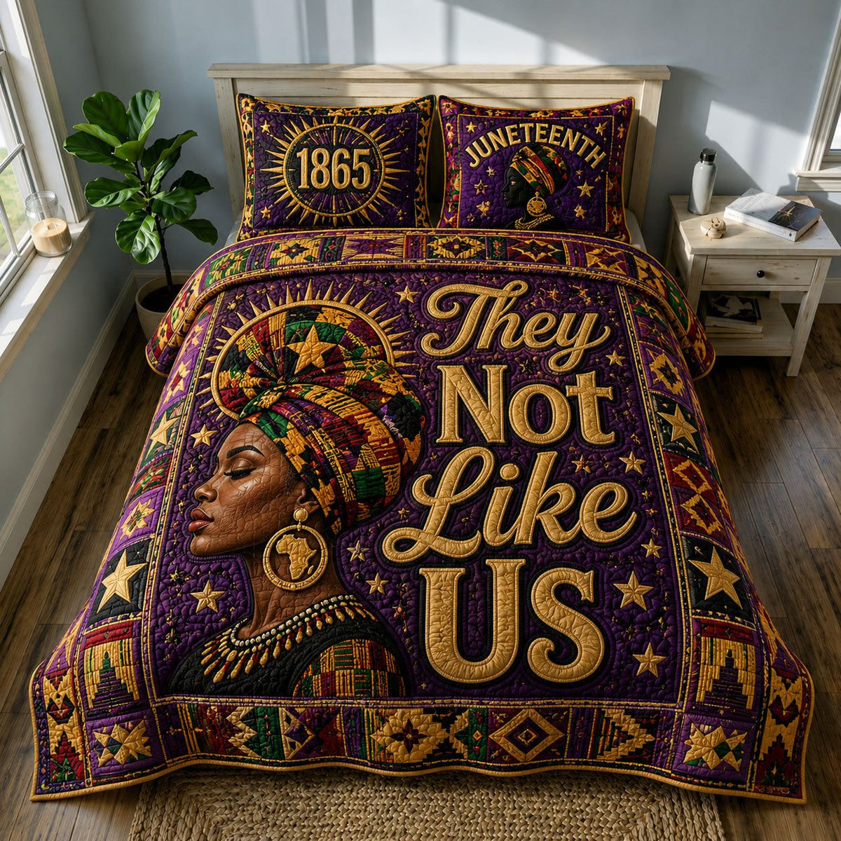 They Not Like Us African Queen Juneteenth quilted 3-piece bedding set on a made bed in a warmly lit bedroom