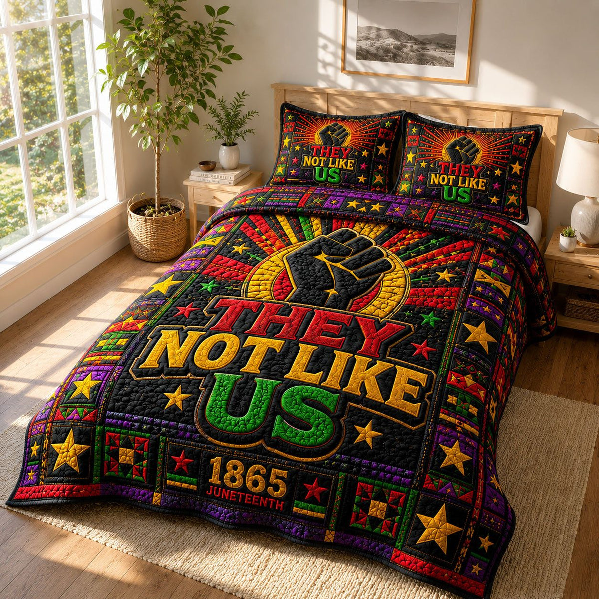 They Not Like Us Black Excellence quilted 3-piece bedding set on a made bed with two matching pillow shams