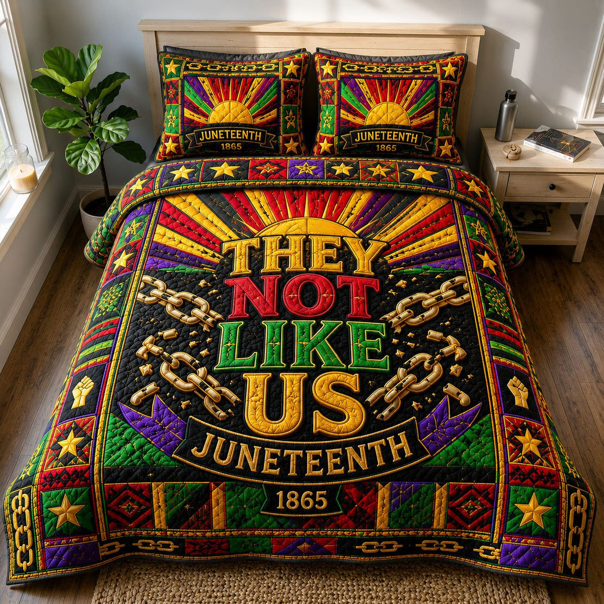 They Not Like Us Broken Chains quilted 3-piece bedding set on a made bed with two matching pillow shams