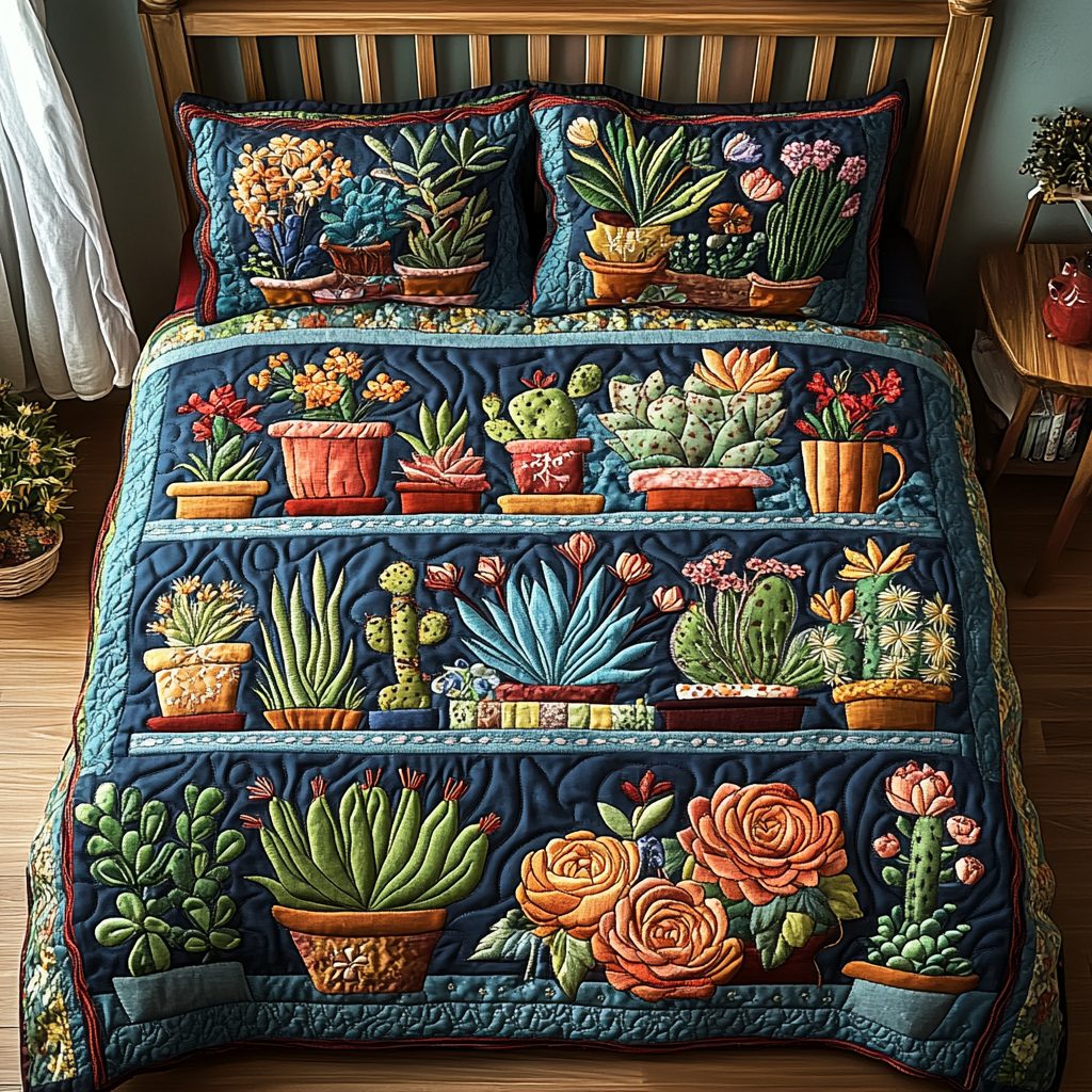 Thorn Tendril quilted 3-piece bedding set on a made bed with two matching pillow shams