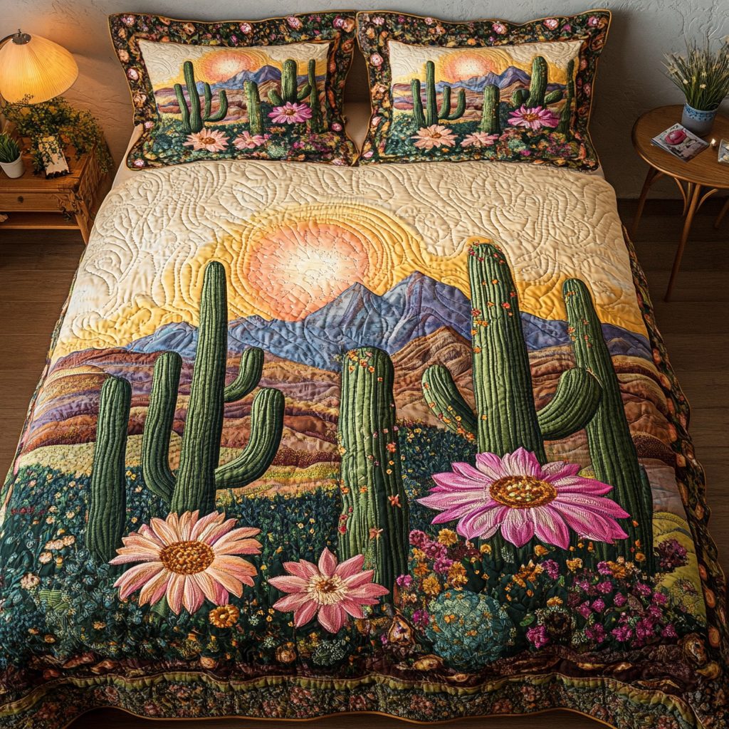 Thorny Grace quilted 3-piece bedding set on a made bed with two matching pillow shams