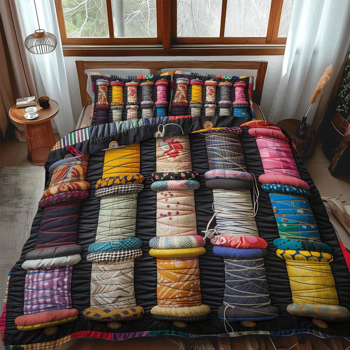 Thread Spool Symphony quilted 3-piece bedding set on a made bed with two matching pillow shams