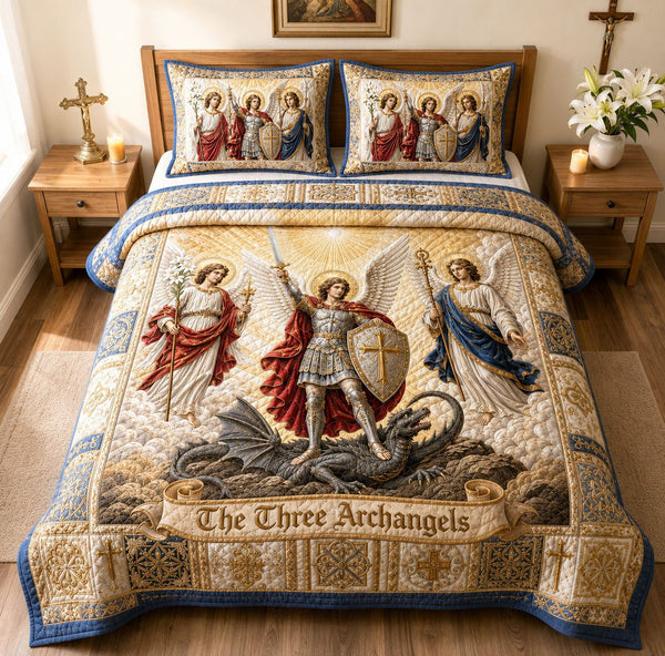 Three Archangels Victory quilted 3-piece bedding set on a made bed in a softly lit bedroom