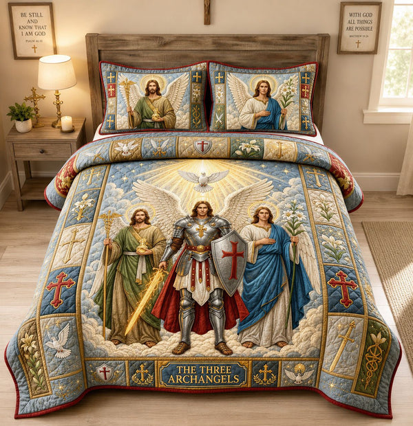 Three Holy Archangels quilted 3-piece bedding set on a made bed in a softly lit bedroom