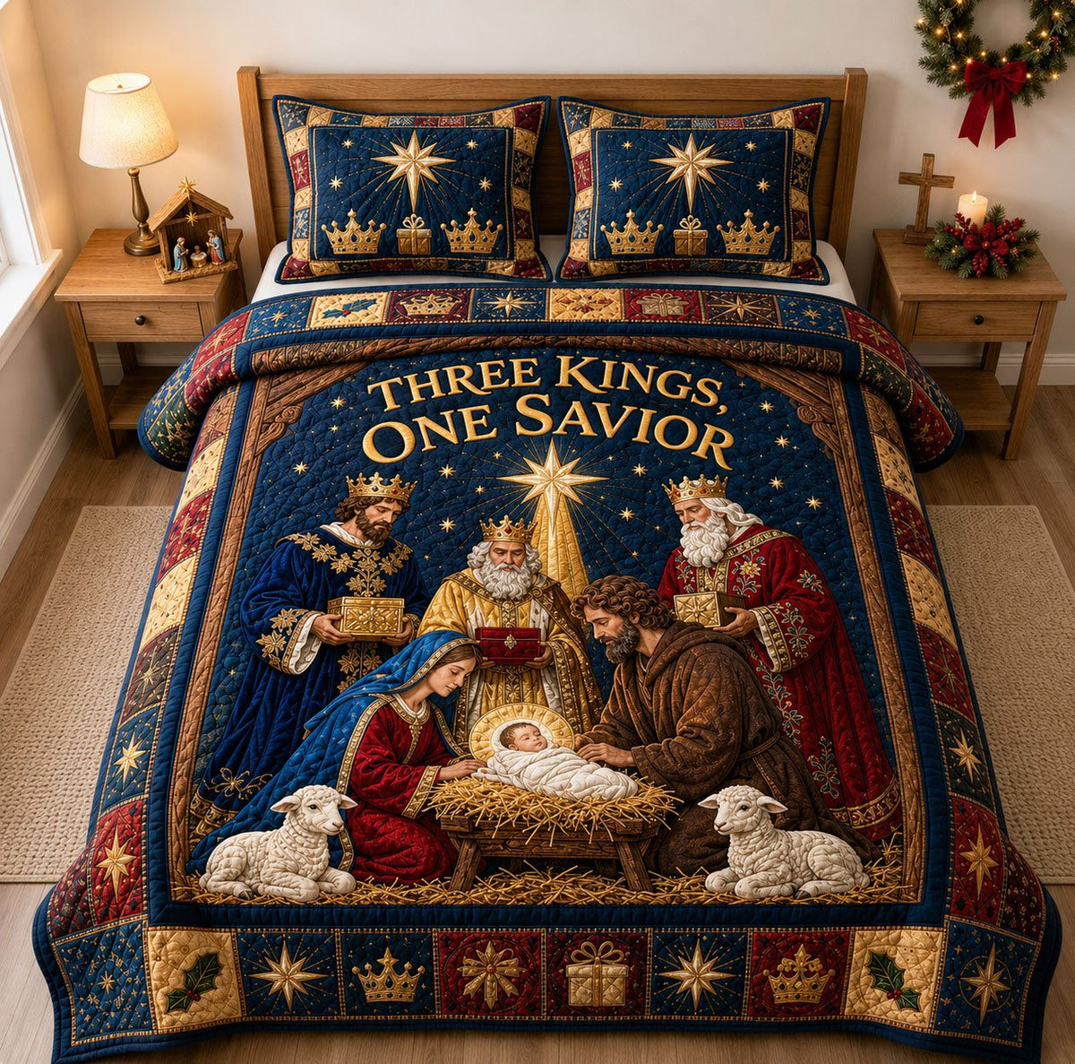 Three Kings One Savior quilted 3-piece bedding set on a made bed with two matching pillow shams