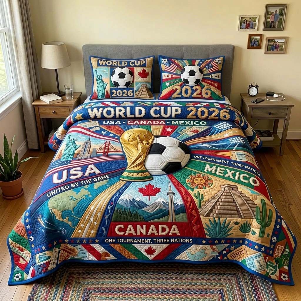 Three Nations quilted 3-piece bedding set on a made bed with two matching pillow shams