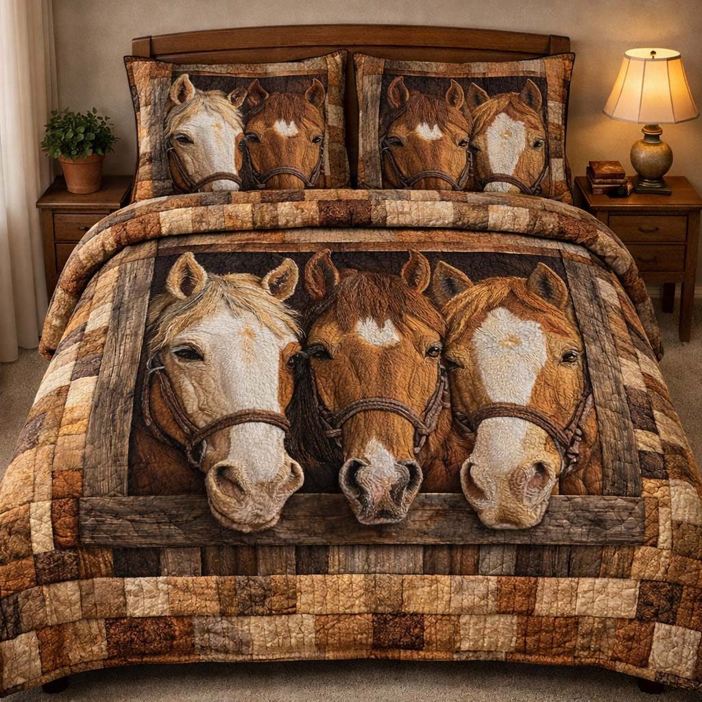 Three Ranch Horses quilted 3-piece bedding set on a made bed in a rustic timber bedroom