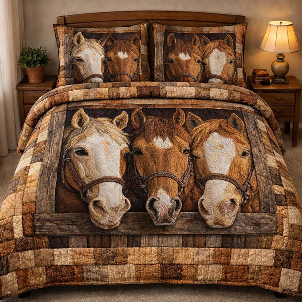 Three Ranch Horses quilted 3-piece bedding set on a made bed in a rustic timber bedroom