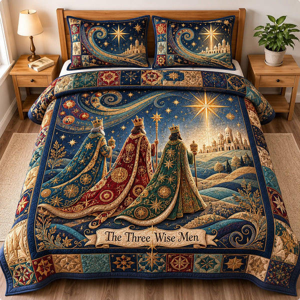 Three Wise Men Journey quilted 3-piece bedding set on a made bed with two matching pillow shams