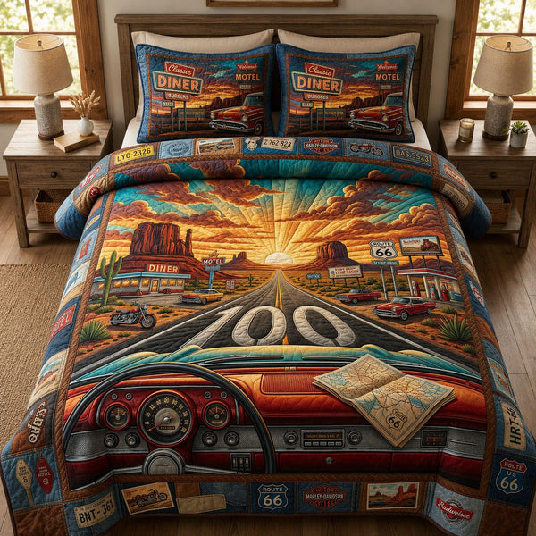 Through The Windshield quilted 3-piece bedding set on a made bed with two matching pillow shams