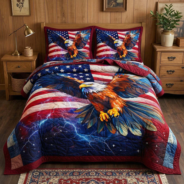 Thunder Eagle quilted 3-piece bedding set on a made bed in a warmly lit bedroom