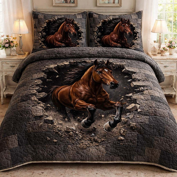 Thunder Run Horse quilted 3-piece bedding set on a made bed in a rustic timber bedroom